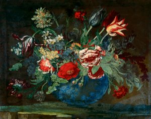 Handfat av kinesiskt porslin med ett knippe blommor